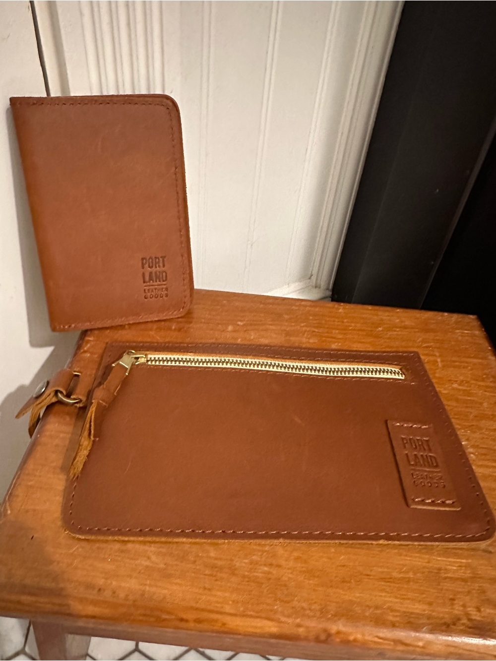 Portland Leather Tan Brown Zip Pouch and Passport Wallet Set
